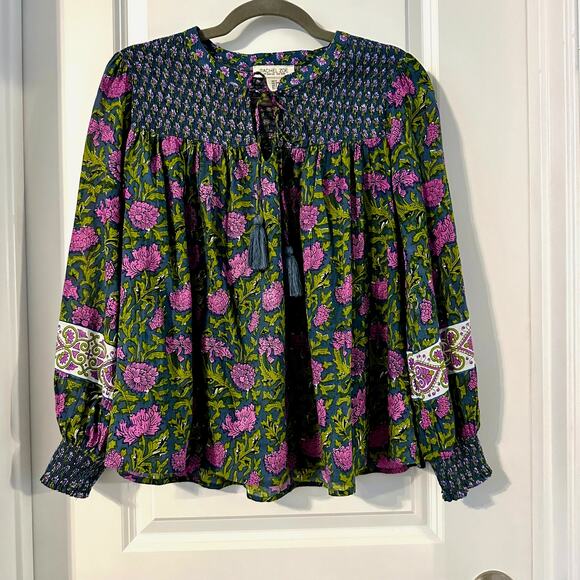 Rachel Zoe Smocked Block Print Top Women's Size S EUC - Picture 1 of 4